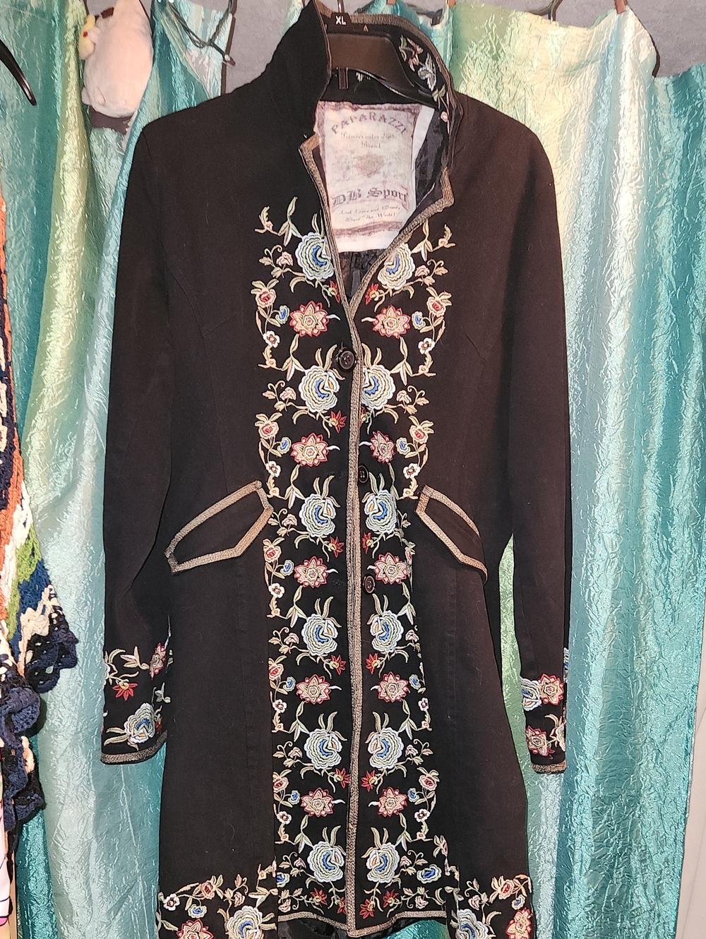 paparazzi Black Trench Coat with Multicolor Floral Embroidery